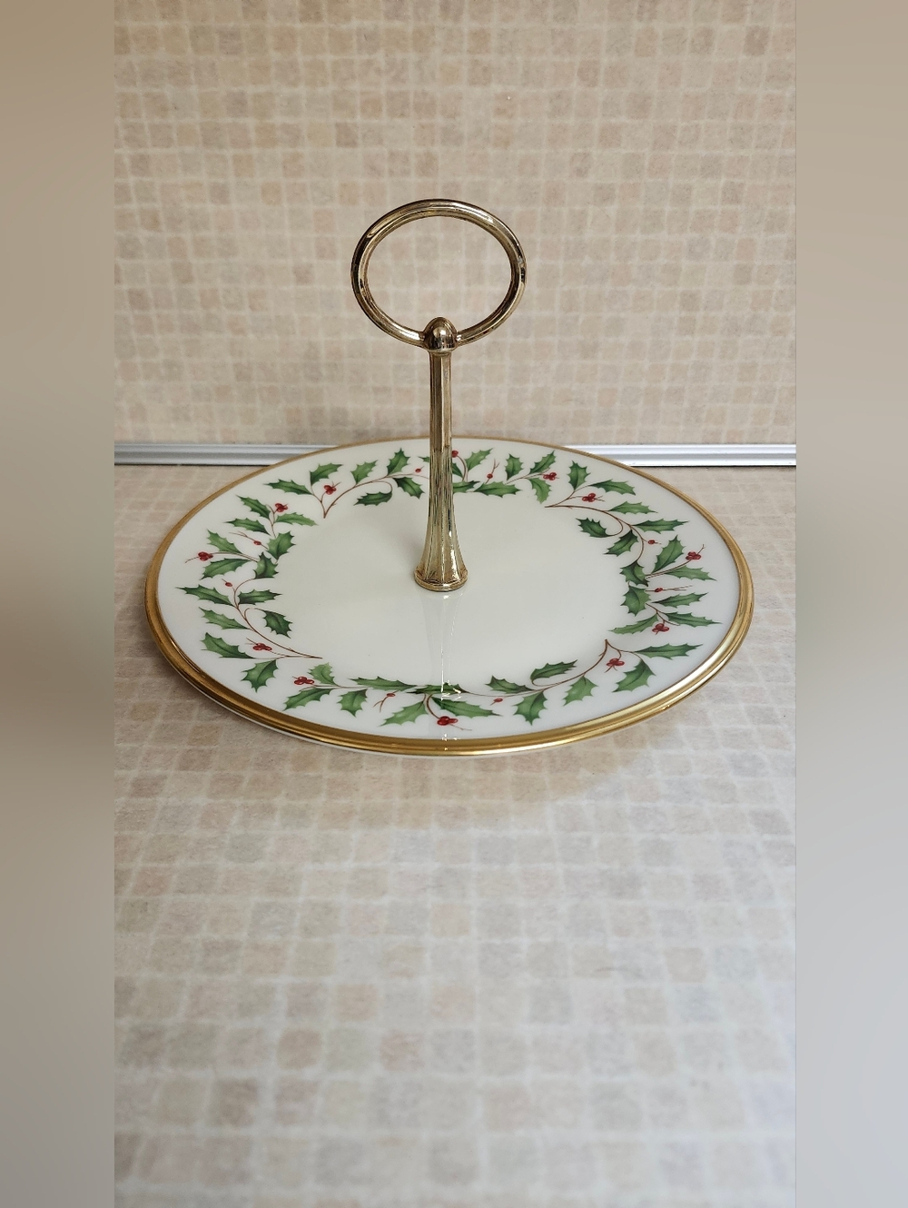 Lenox White and Green Holly Holiday Two-Tier Server (single tier shown)